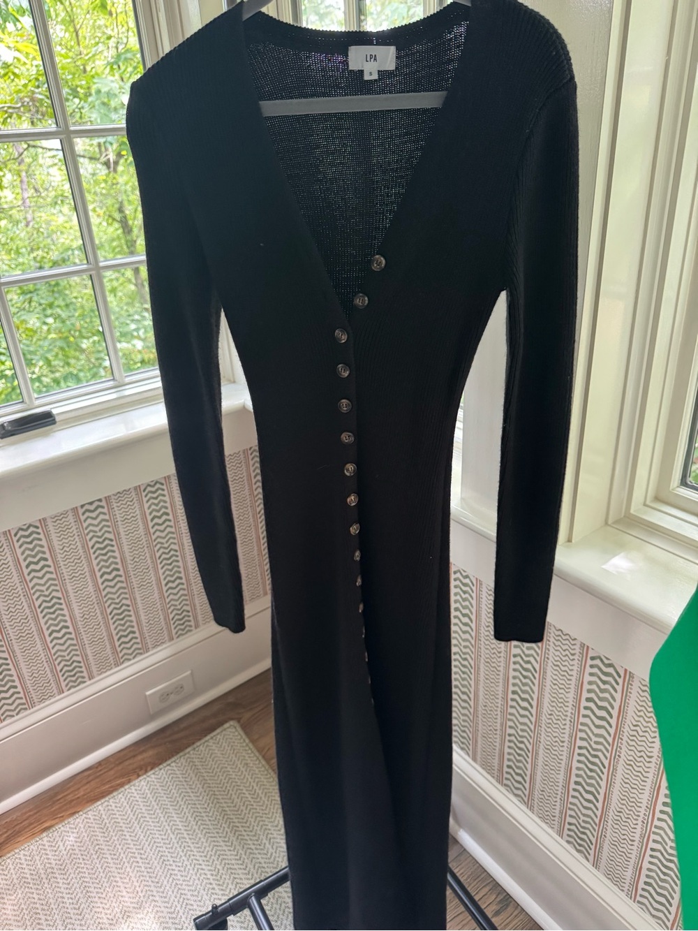 LPA Black Long-Sleeve V-Neck Button-Front Maxi Dress